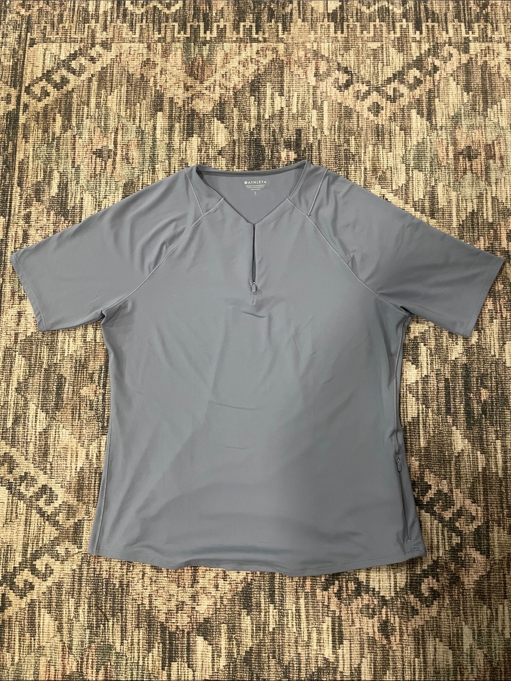 Athleta Women’s Large Slate Blue Performance Shirt Zip Neck Short Sleeve